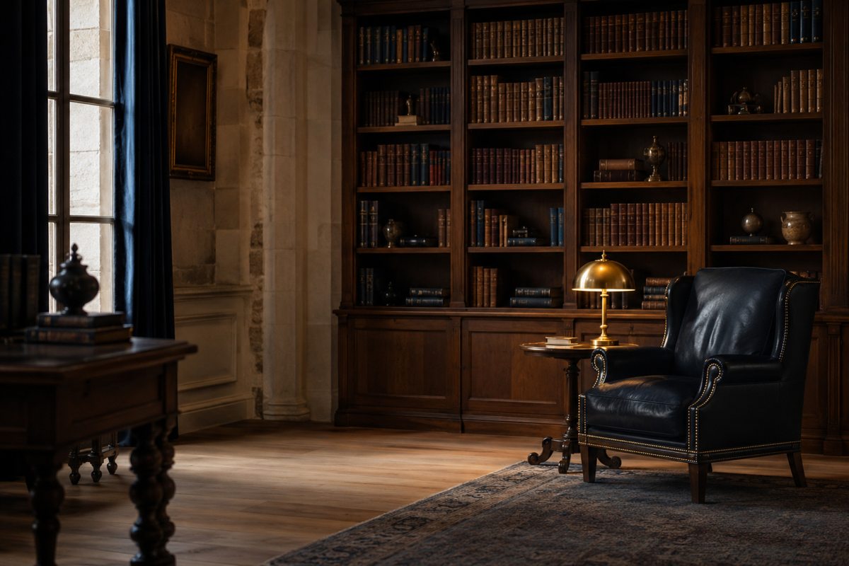 Bibliothèque et fauteuil de cuir, lumière d'une lampe