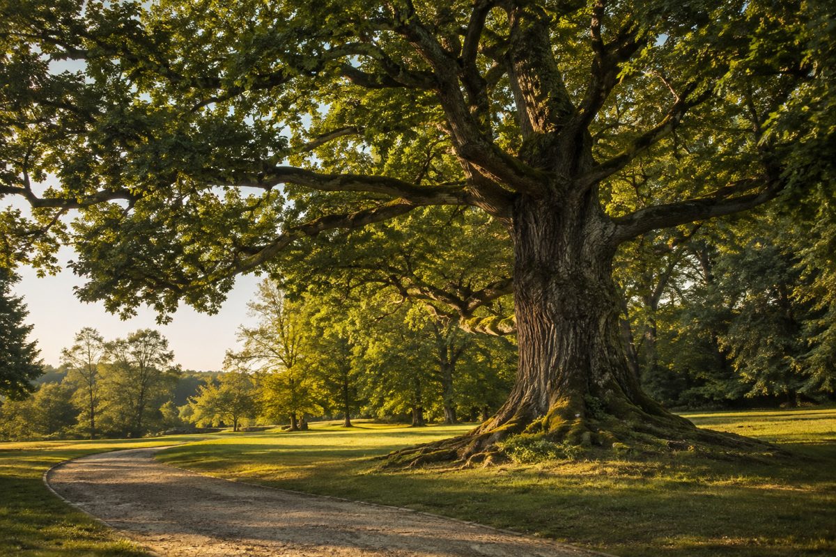 Chêne centenaire au bord d'une allée, lumière du soir