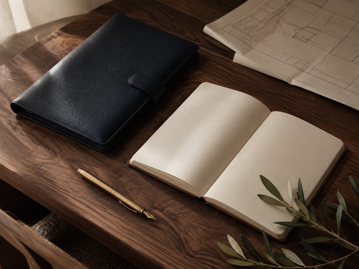 Carnet de cuir, stylo plume et brins d'olivier sur un bureau en bois